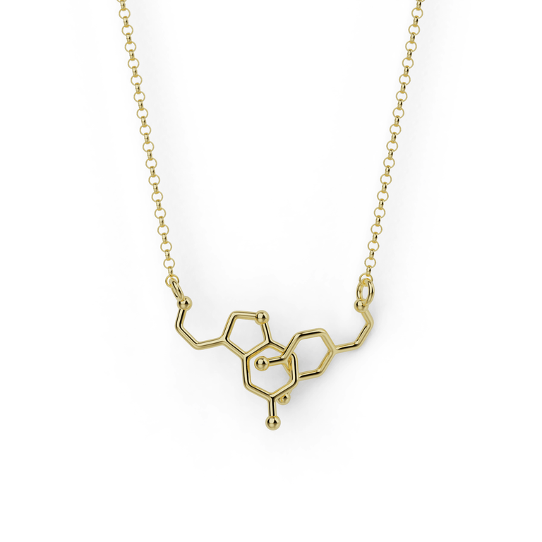 Gold vermeil dopamine-serotonin necklace showcasing interconnected molecules of happiness and calm, perfect for science-inspired jewelry lovers.