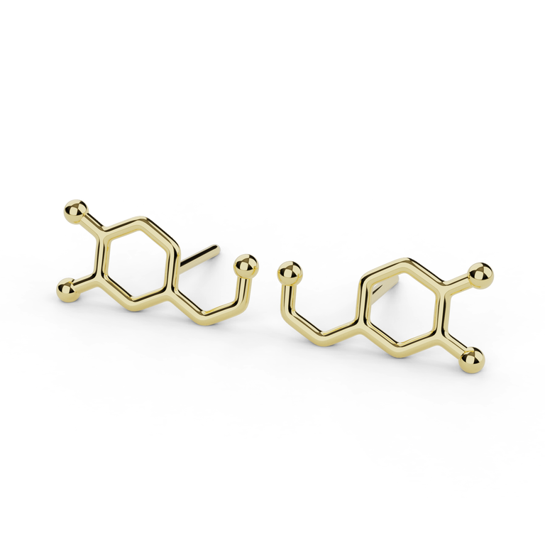 18K gold vermeil dopamine studs, a pair of earrings in the form of the dopamine molecule