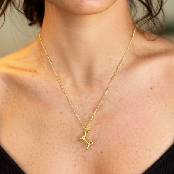 Close-up of a woman’s neck wearing the gold vermeil ethanol molecule necklace against a black top.