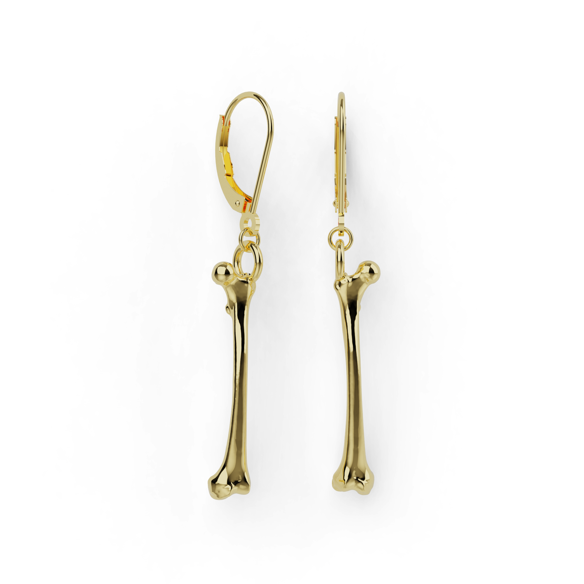 18K gold vermeil femur earrings on leverback hooks, the thigh bone as a 24 mm drop