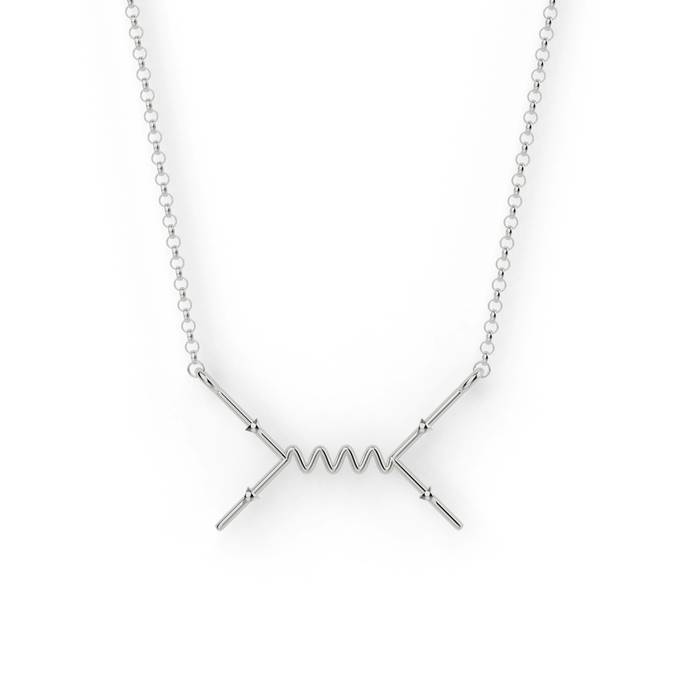 Close-up of the sterling silver Feynman Scattering Necklace, inspired by quantum physics and subatomic particles.