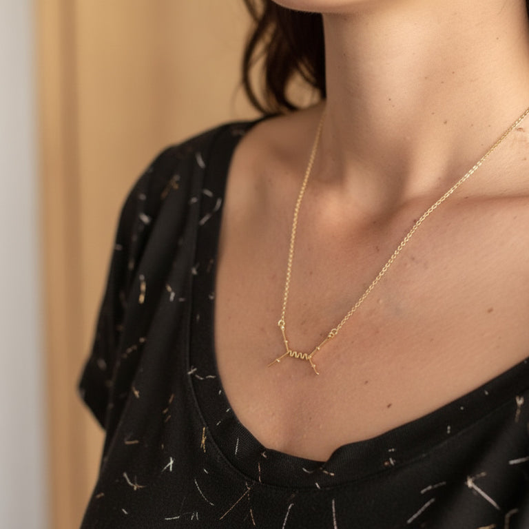Feynman Scattering Necklace in gold vermeil, a science-inspired jewelry piece that transforms particle physics diagrams into a stylish and elegant accessory.