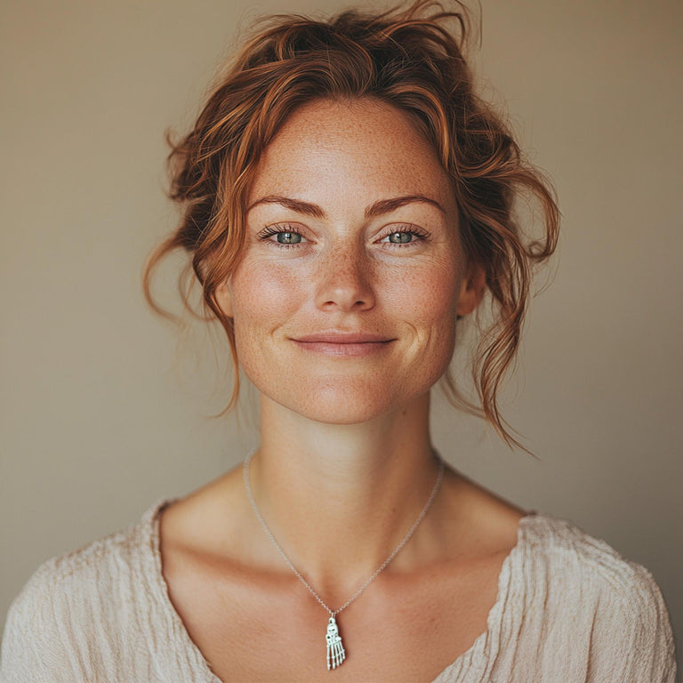 A close-up portrait of a woman wearing the silver foot anatomy necklace. The pendant elegantly rests on her collarbone, showcasing the intricate skeletal structure of the foot. The image highlights how the necklace looks when worn, adding a stylish and scientific touch to her outfit.