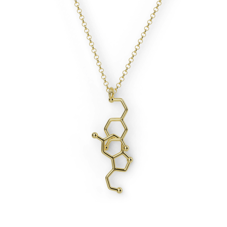 Dopamine and Serotonin Necklace in gold vermeil, showcasing intertwined neurotransmitter molecules representing happiness and love.