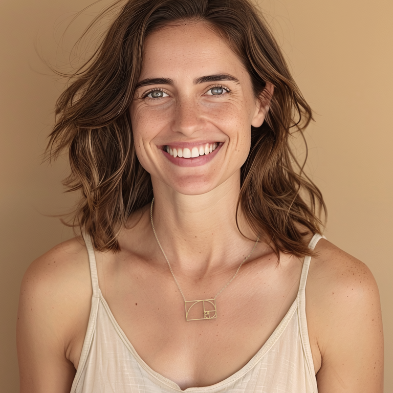 Woman wearing the Golden Ratio Necklace, showcasing the elegance of gold vermeil and the allure of mathematical design in everyday fashion.