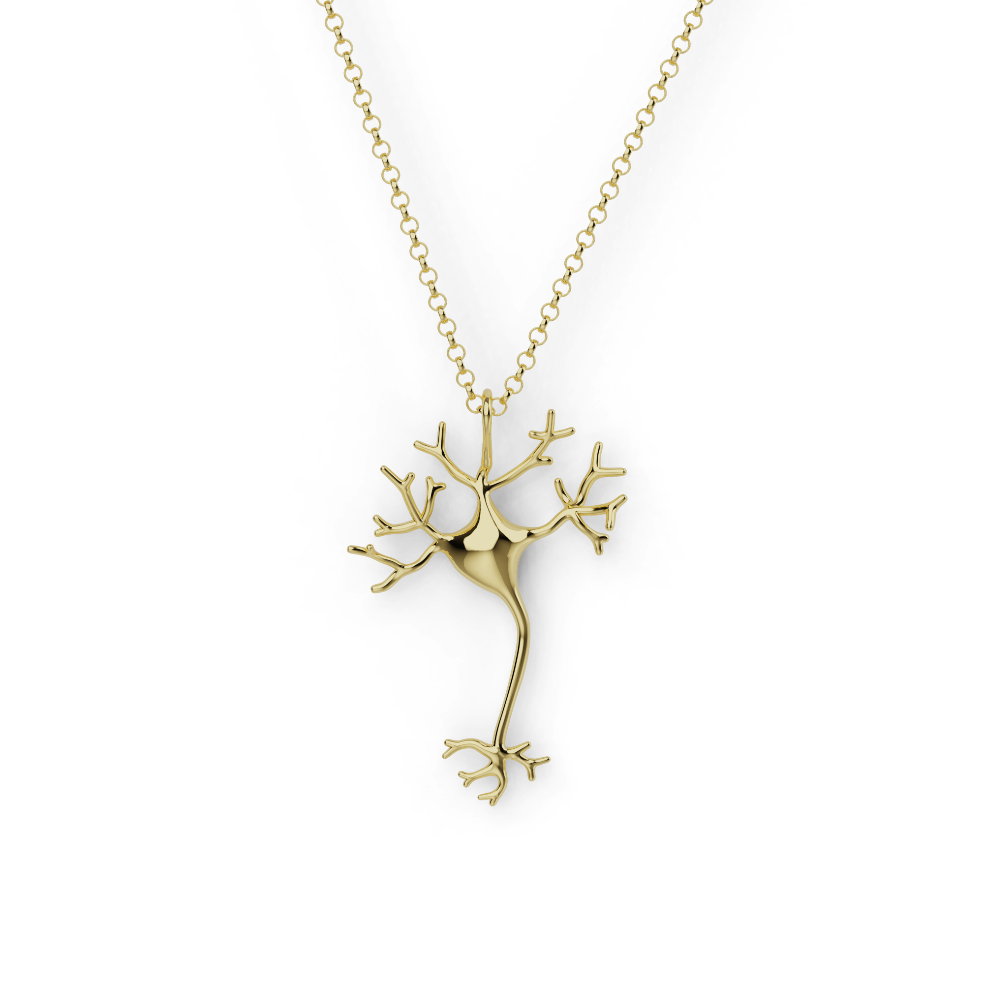 Close-up of a neuron necklace in gold vermeil, showcasing intricate neural network design, symbolizing the brain’s connectivity.