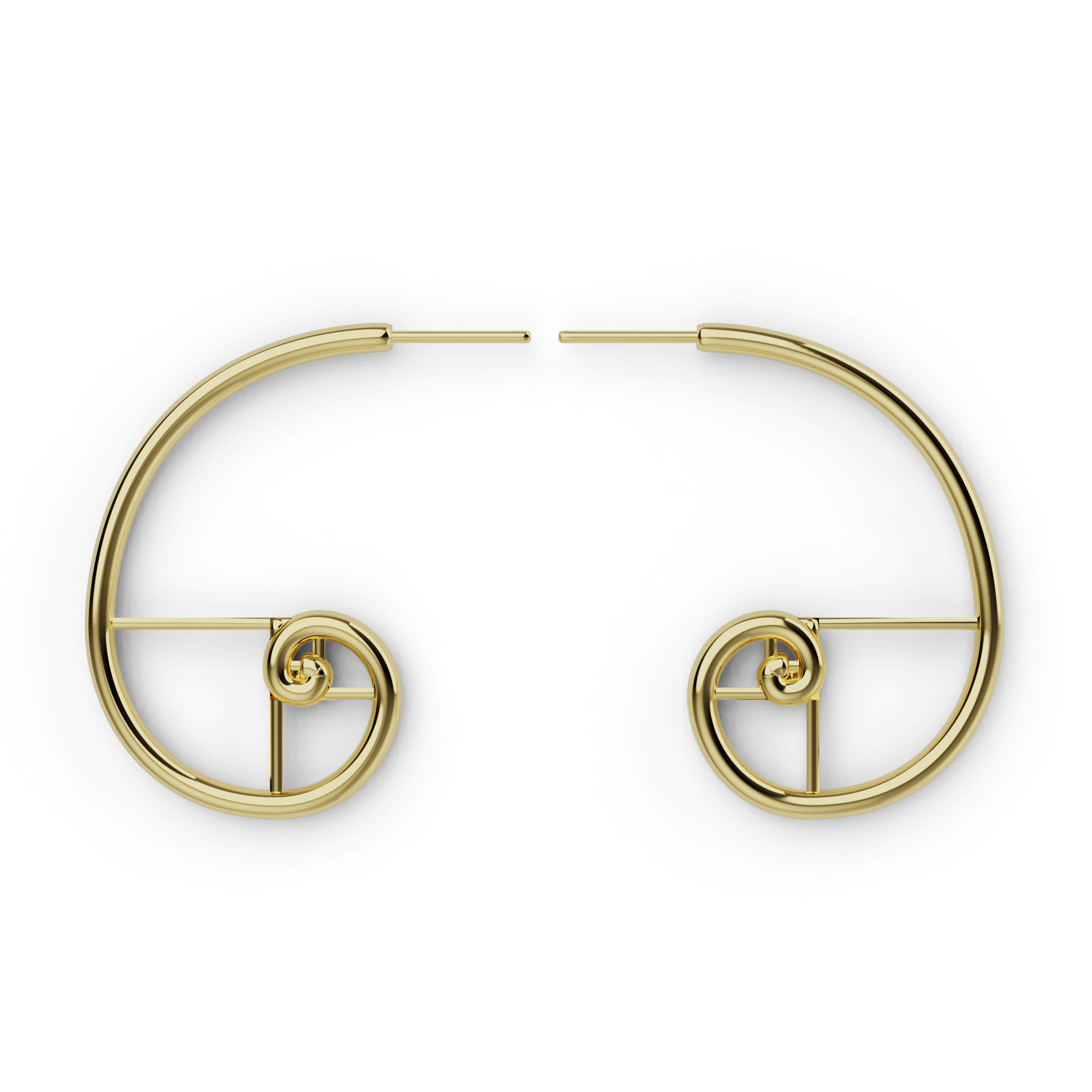 18K gold vermeil golden ratio earring hoops, the Fibonacci spiral construction as a 34 mm hoop