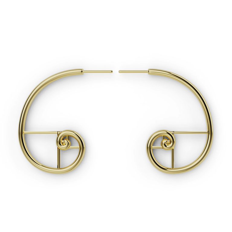 18K gold vermeil golden ratio earring hoops, the Fibonacci spiral construction as a 34 mm hoop