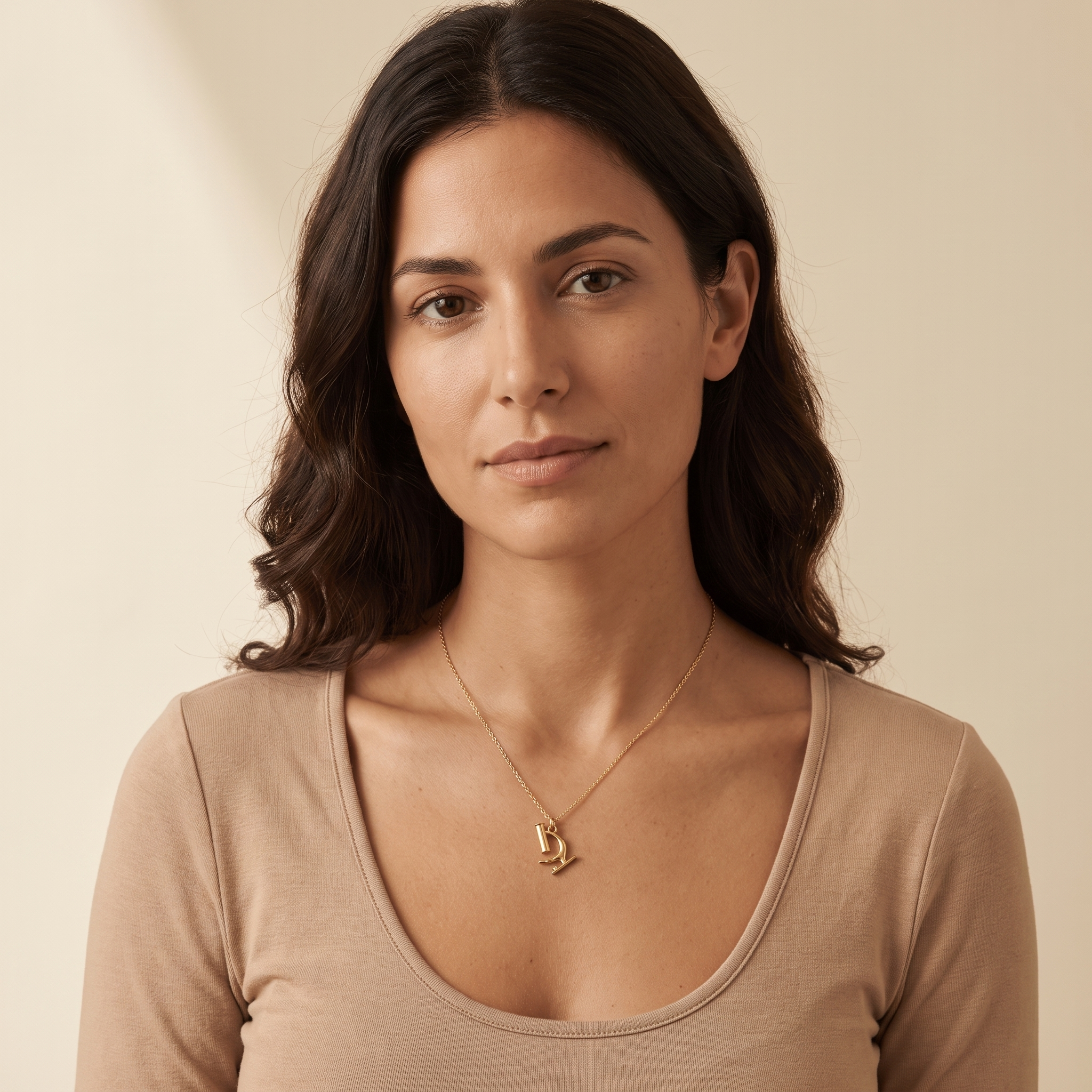 Model wearing the gold vermeil microscope necklace, the compact 18K gold microscope pendant resting at the collarbone