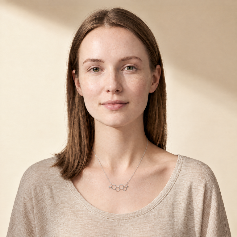 estrogen flat necklace in sterling silver worn on the collarbone