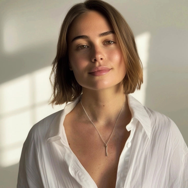 Woman smiling gently while wearing a silver humerus bone necklace, styled with a white shirt and soft natural lighting.