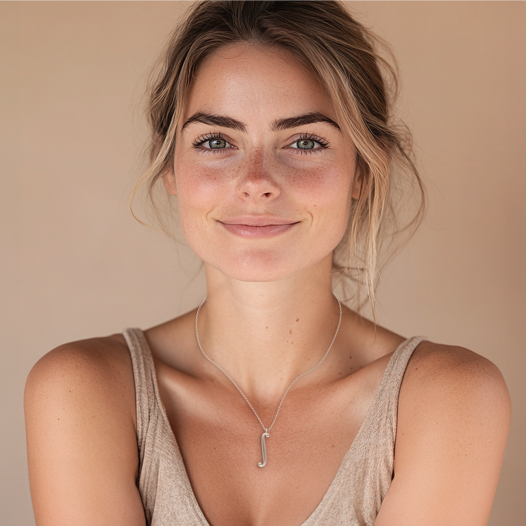 Model wearing the integral necklace, smiling – A stylish and minimal calculus-inspired necklace in silver, designed for science and fashion lovers.