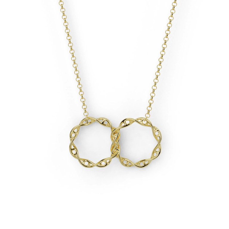 Interlocking DNA necklace in gold vermeil with two intertwined DNA double helixes, perfect for science enthusiasts and jewelry lovers alike.