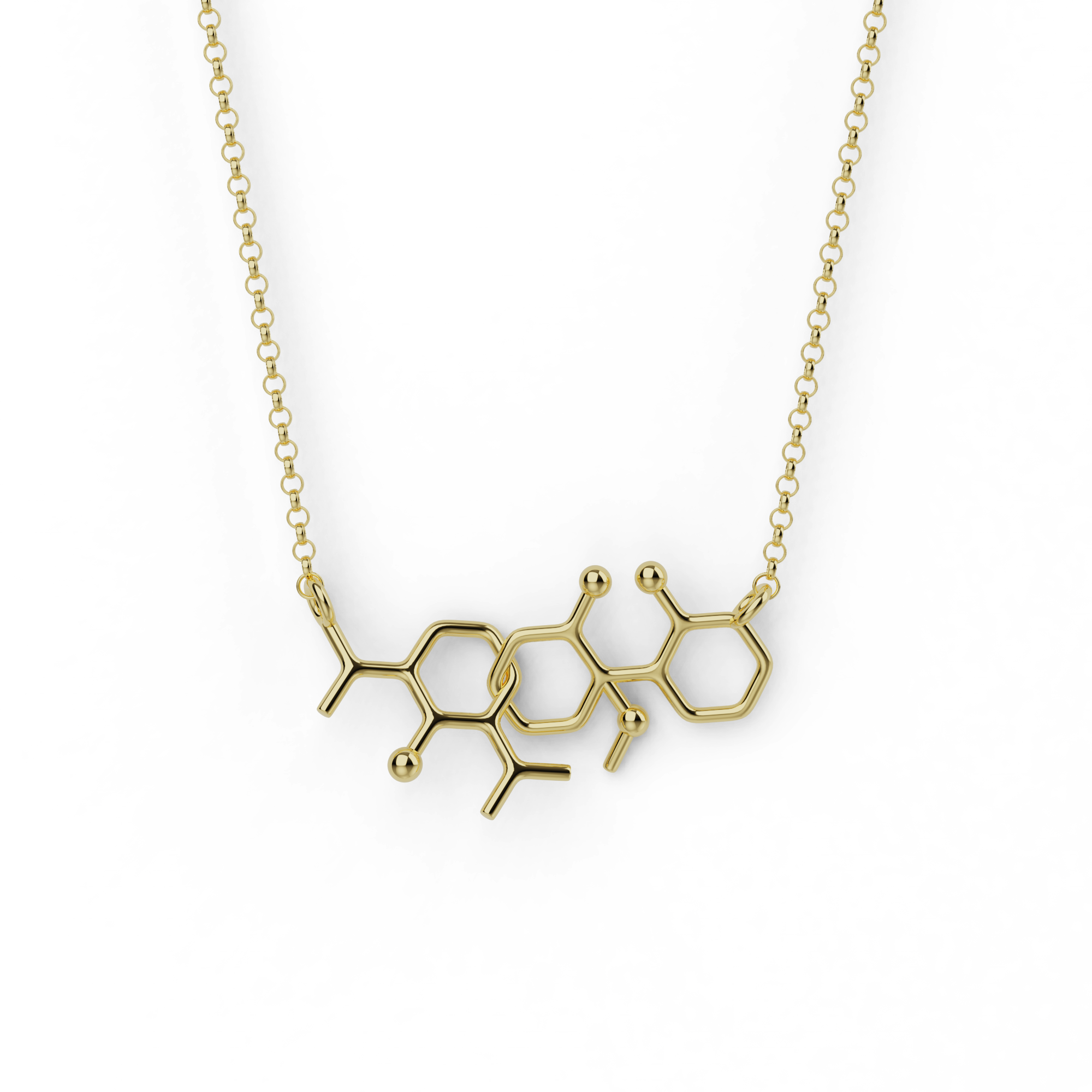 Horizontal interlocked ketamine and propofol molecule pendant in 18K gold vermeil, on a gold rolo chain.