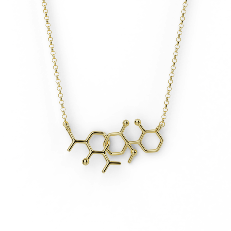 Horizontal interlocked ketamine and propofol molecule pendant in 18K gold vermeil, on a gold rolo chain.