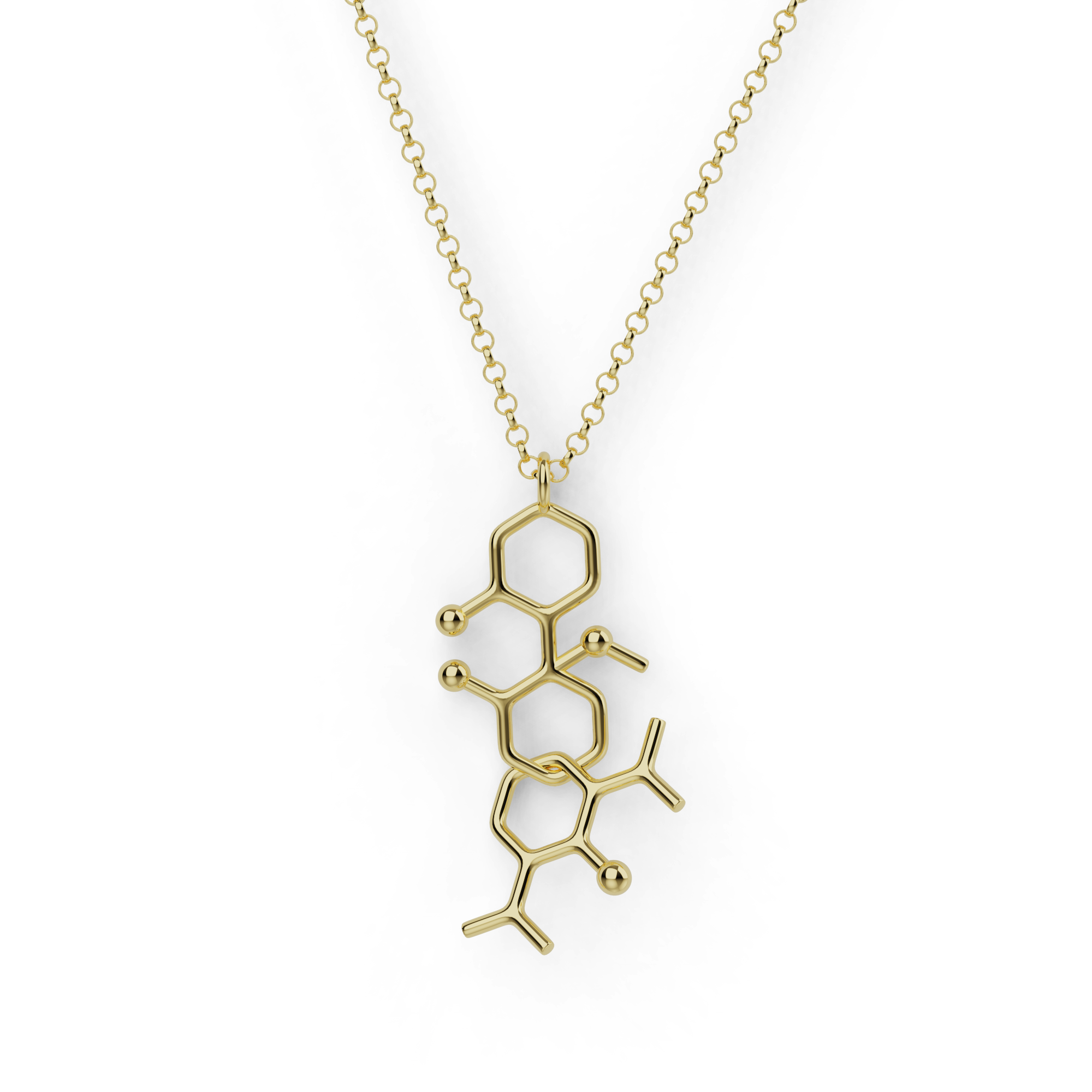 Vertical interlocked ketamine and propofol molecule pendant in 18K gold vermeil, on a gold rolo chain.