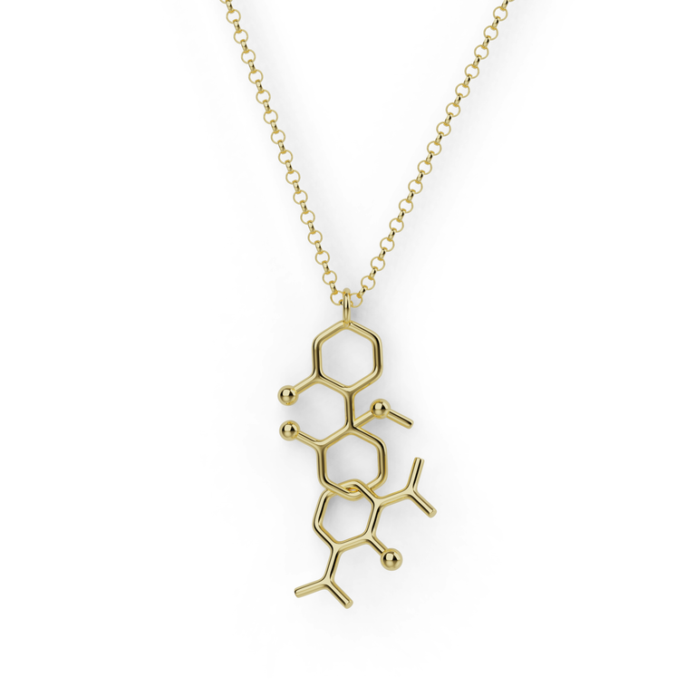 Vertical interlocked ketamine and propofol molecule pendant in 18K gold vermeil, on a gold rolo chain.