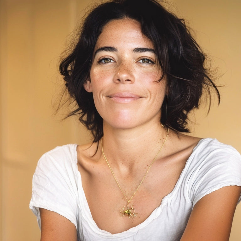 Woman wearing the gold vermeil Melanocyte necklace — science-inspired pendant celebrating skin biology and melanin production.