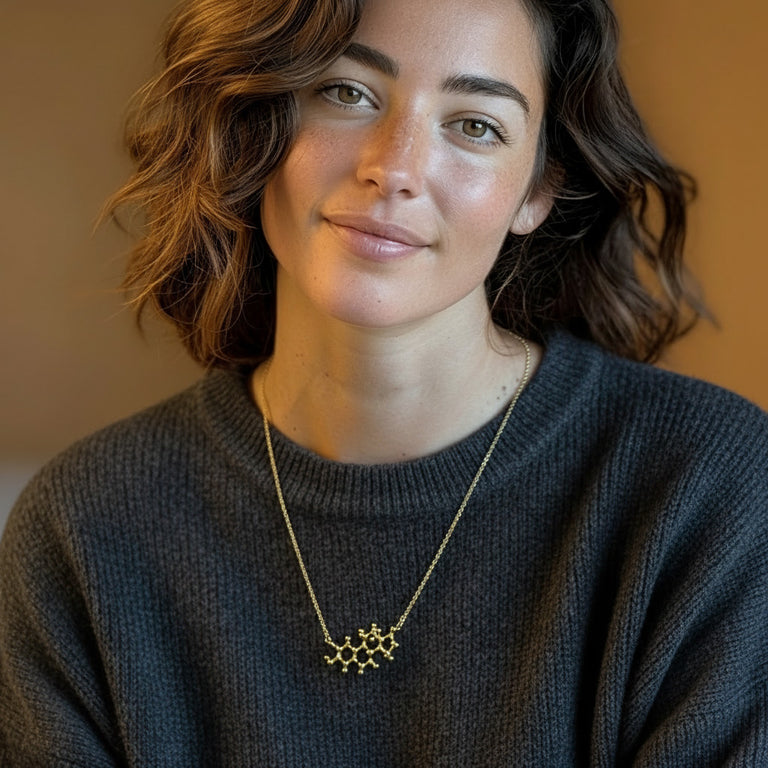 Woman wearing a gold vermeil estrogen molecule necklace, sitting in a warm-toned room and smiling softly while dressed in a dark grey sweater.