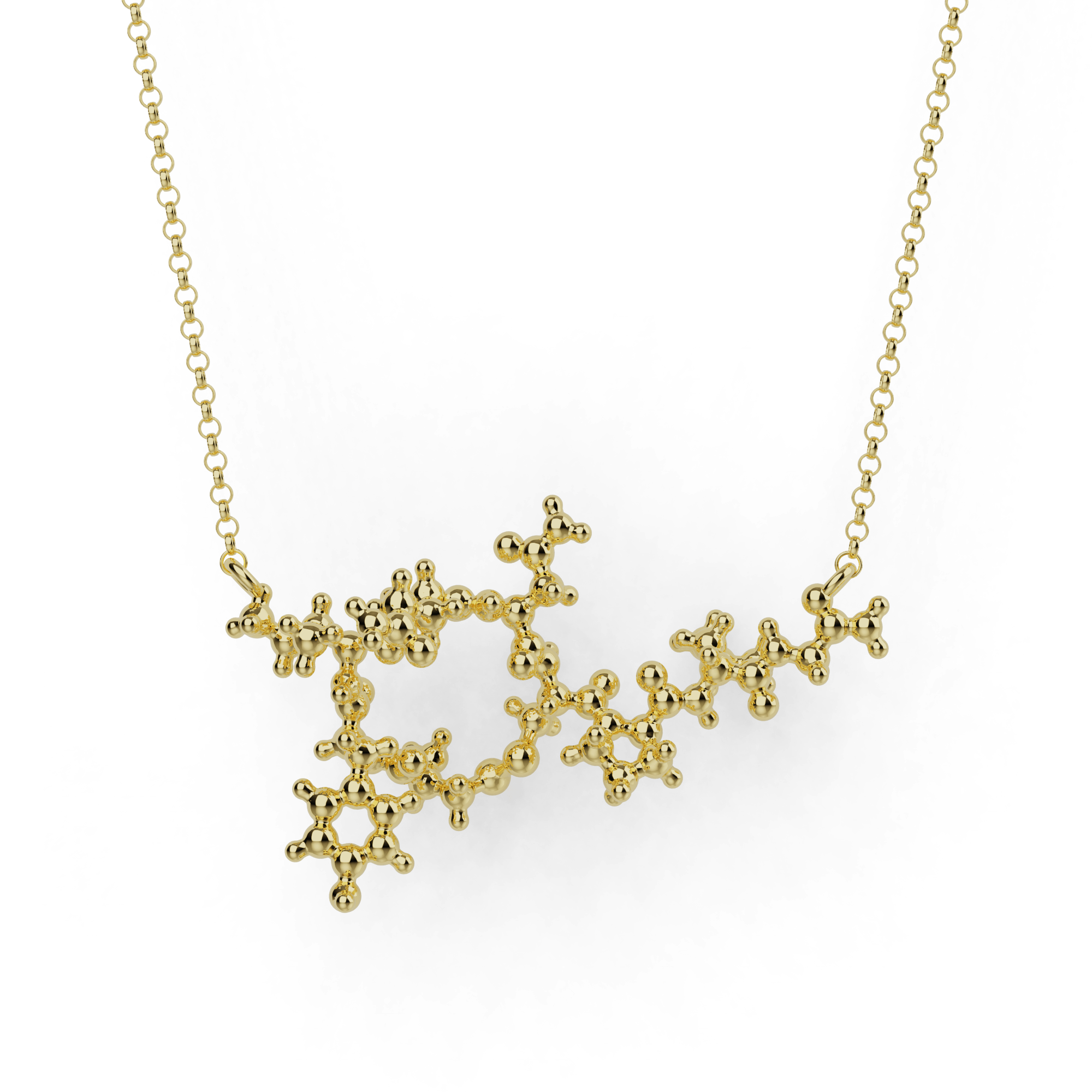 Close-up view of the gold vermeil oxytocin necklace with intricate 3D molecular design, representing the oxytocin molecule.