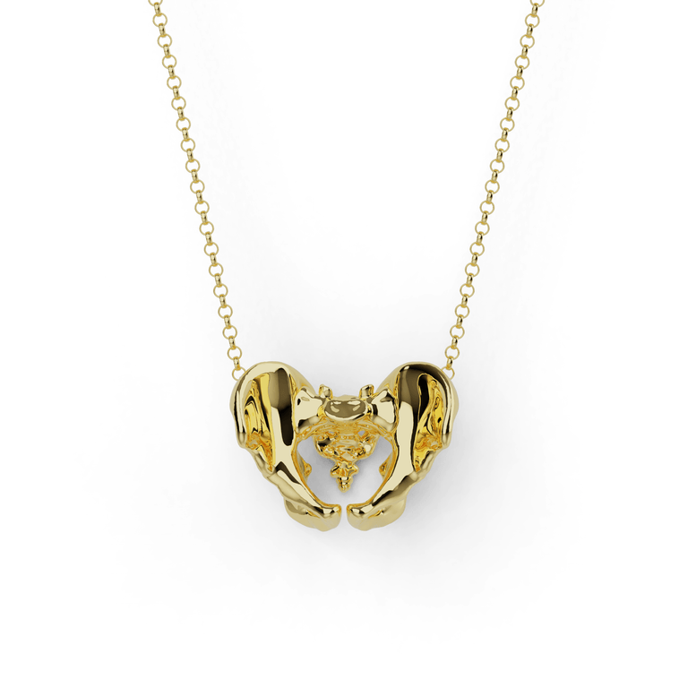 Gold vermeil pelvis necklace, anatomically detailed design with elegant finish.