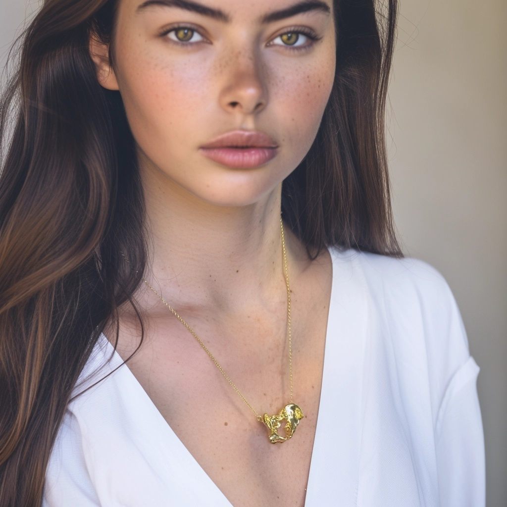 Woman wearing the gold vermeil pelvis necklace paired with a white blouse, looking confidently at the camera.