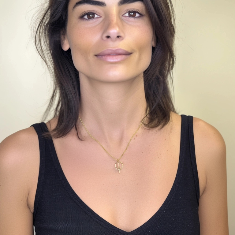 Woman wearing the Phi Necklace in gold vermeil with a black tank top, showcasing how the piece complements a casual outfit.
