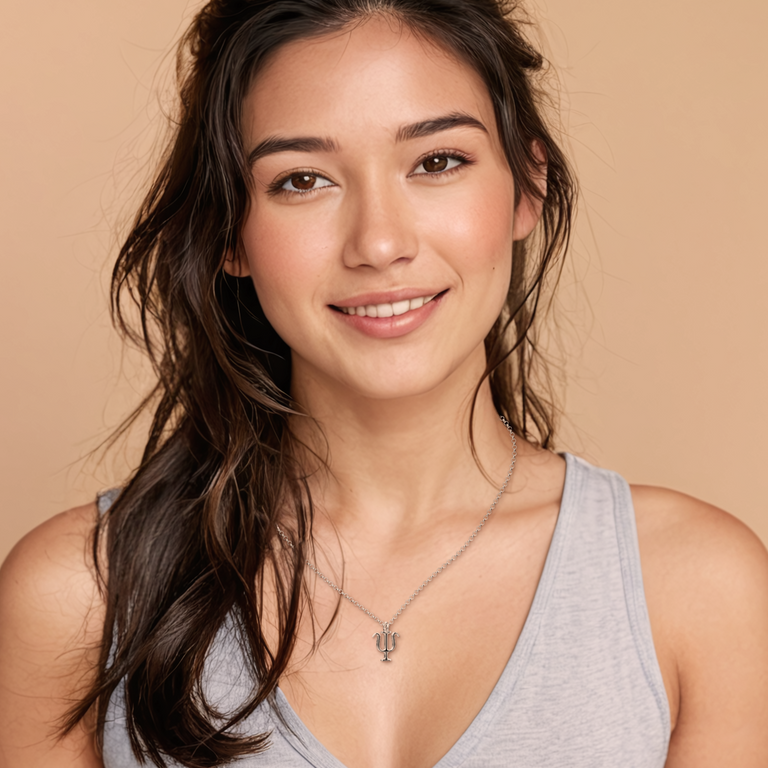 The psi necklace elegantly displayed on a model, highlighting its trident shape and symbolic connection to psychology and science.