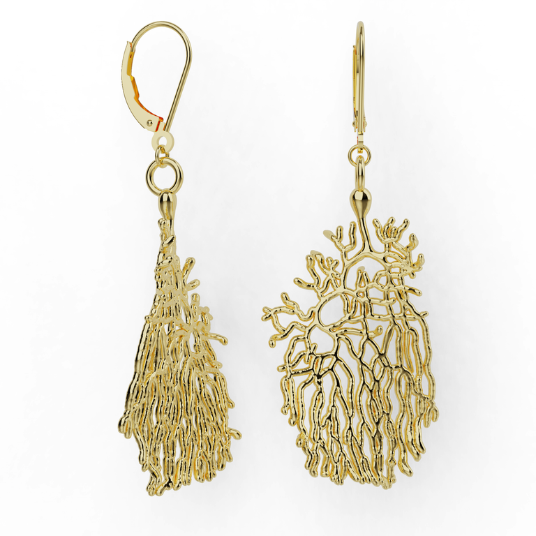 18K gold vermeil Purkinje cell earrings, drop earrings inspired by the branching Purkinje neuron of the cerebellum, on leverbacks