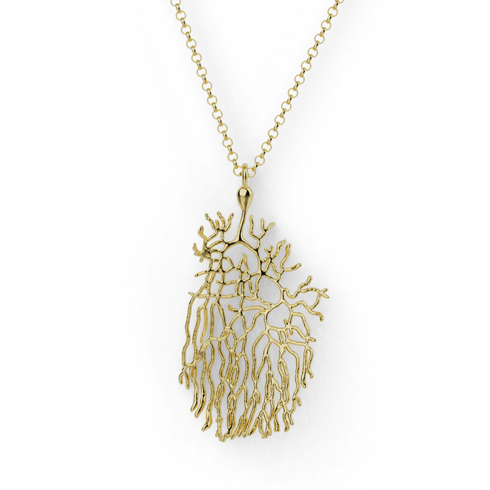 Gold vermeil Purkinje Cell Necklace with intricate neuron-inspired design, perfect for science enthusiasts.