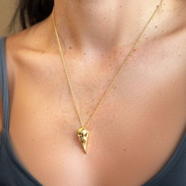 Close-up of Gold Vermeil Raven Skull Necklace – detailed raven skull pendant on gold chain, elegant science jewelry celebrating nature and intelligence.