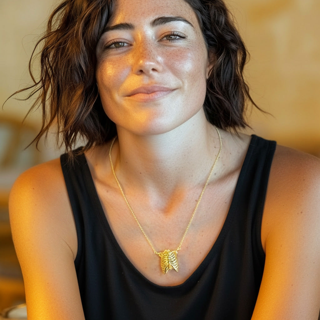 Woman wearing a gold vermeil rib cage anatomy necklace, close-up portrait showing the pendant centered on her chest.