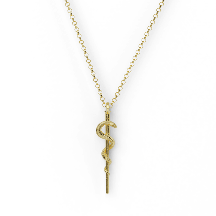 Gold vermeil Rod of Asclepius necklace with a finely detailed serpent design, symbolizing healing and medicine.