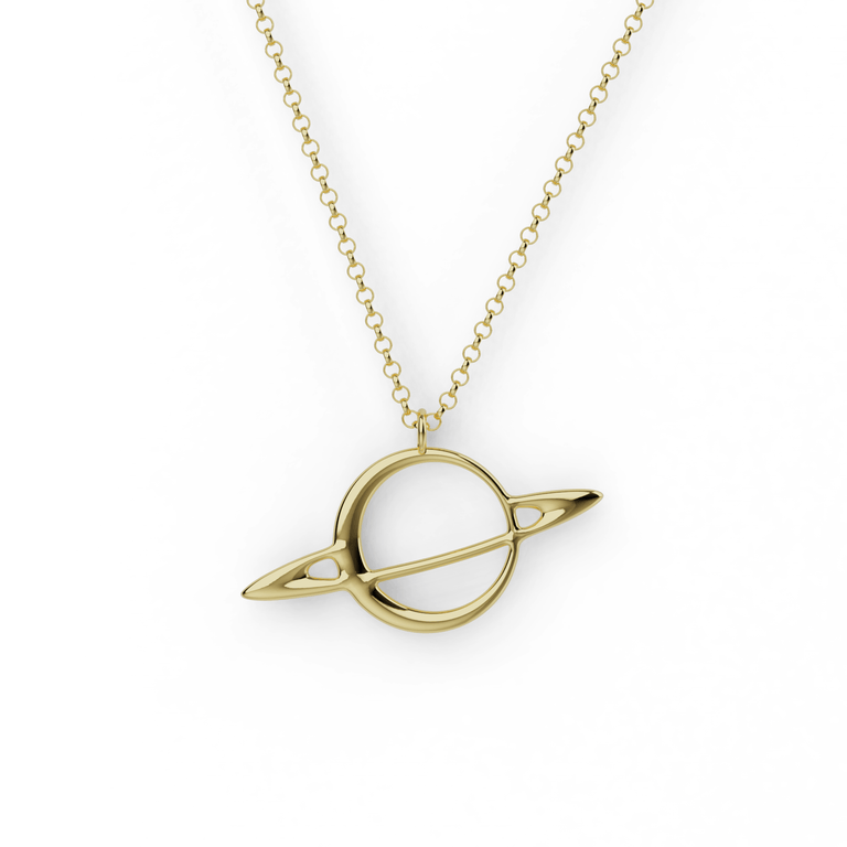 Gold vermeil Saturn necklace with iconic rings design, perfect for science lovers, stargazers, and space enthusiasts. Unique jewelry inspired by the mysteries of our solar system.