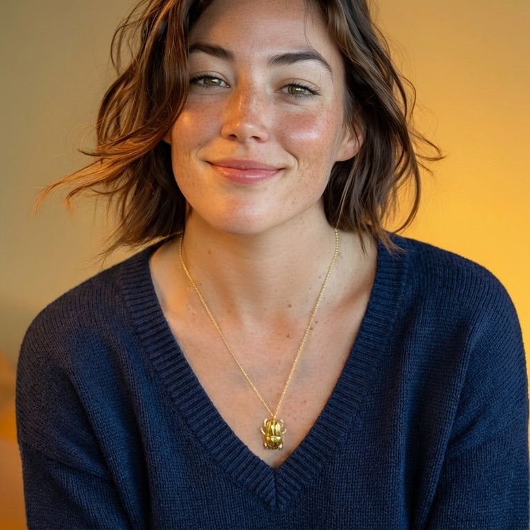 A woman wearing the gold vermeil scarab beetle necklace, smiling while seated against a warm yellow background. The pendant is centered on her chest over a dark blue sweater.
