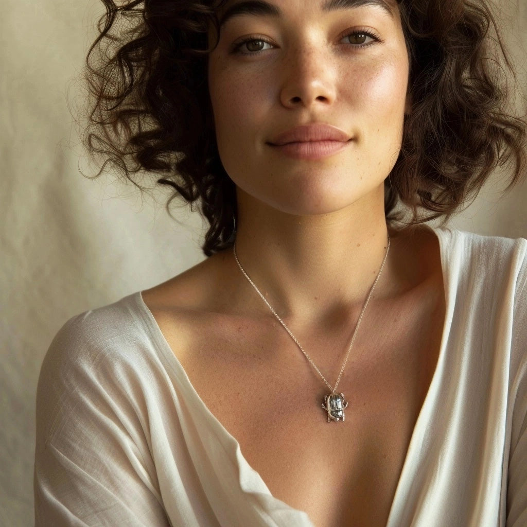Woman wearing the scarab beetle necklace on a fine silver chain, styled with a cream-colored blouse, softly lit in a natural setting.