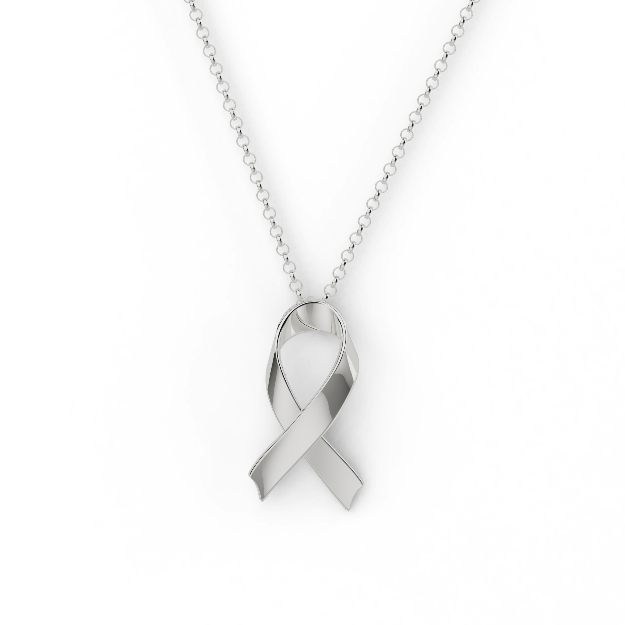 Close-up of silver awareness ribbon necklace – a symbol of support and solidarity.