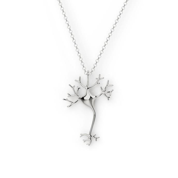 Silver Neuron Necklace showcasing an intricate neuron design, perfect for science enthusiasts and neurologists.