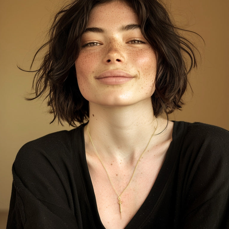 Smiling woman with short dark hair wearing a gold syringe necklace on a fine chain.