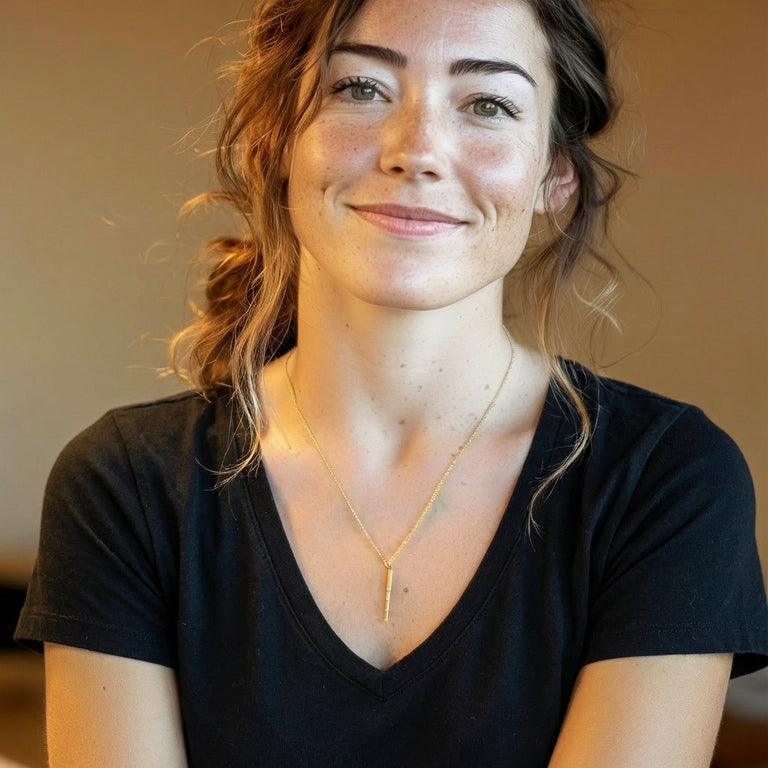 Woman wearing a gold vermeil telescope necklace, smiling and shown from the shoulders up for size and fit reference.