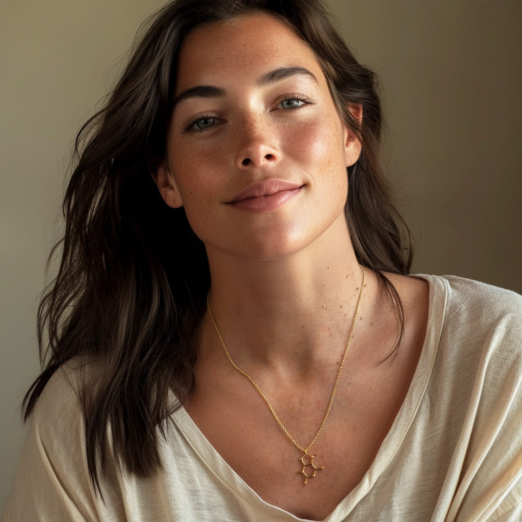 Woman with long dark hair wearing a gold vermeil theobromine necklace, smiling softly while seated indoors in warm lighting, dressed in a light beige top.