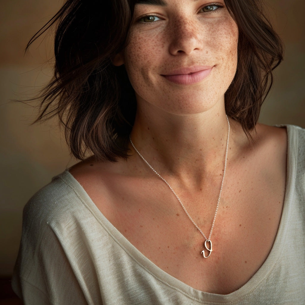 Smiling woman with wavy hair wearing a sterling silver theta necklace, shown against a soft, neutral background.