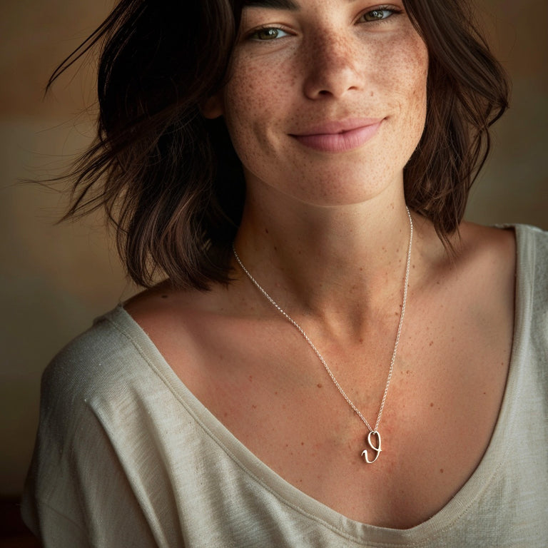 Smiling woman with wavy hair wearing a sterling silver theta necklace, shown against a soft, neutral background.