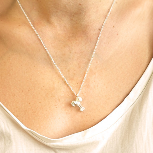 Close-up of the toll-like receptor necklace worn by a person, highlighting the detailed molecular pendant and delicate silver chain against bare skin.