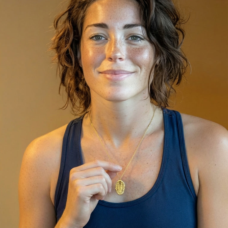 Smiling woman wearing a gold vermeil trilobite necklace, holding the fossil-inspired pendant against a warm studio background.