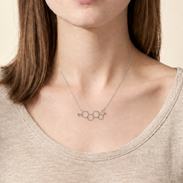 estrogen flat necklace in sterling silver, close view worn at the collarbone