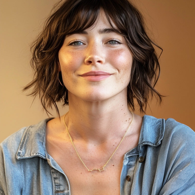 Smiling woman wearing the gold vermeil Ursa Major constellation necklace layered with another chain, photographed against a warm-toned background.