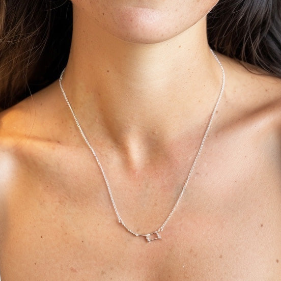 Close-up of the Ursa Minor necklace resting on skin, minimalist silver constellation design inspired by the Little Dipper and Polaris — subtle science jewelry with cosmic charm.