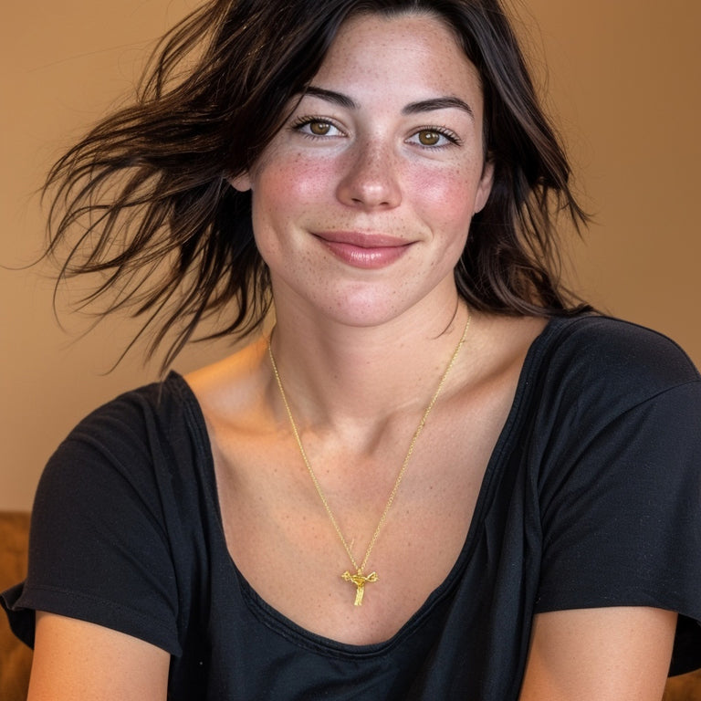 Woman wearing a gold vermeil uterus necklace, smiling softly in a navy top, showcasing the anatomical pendant as a symbol of strength and science.
