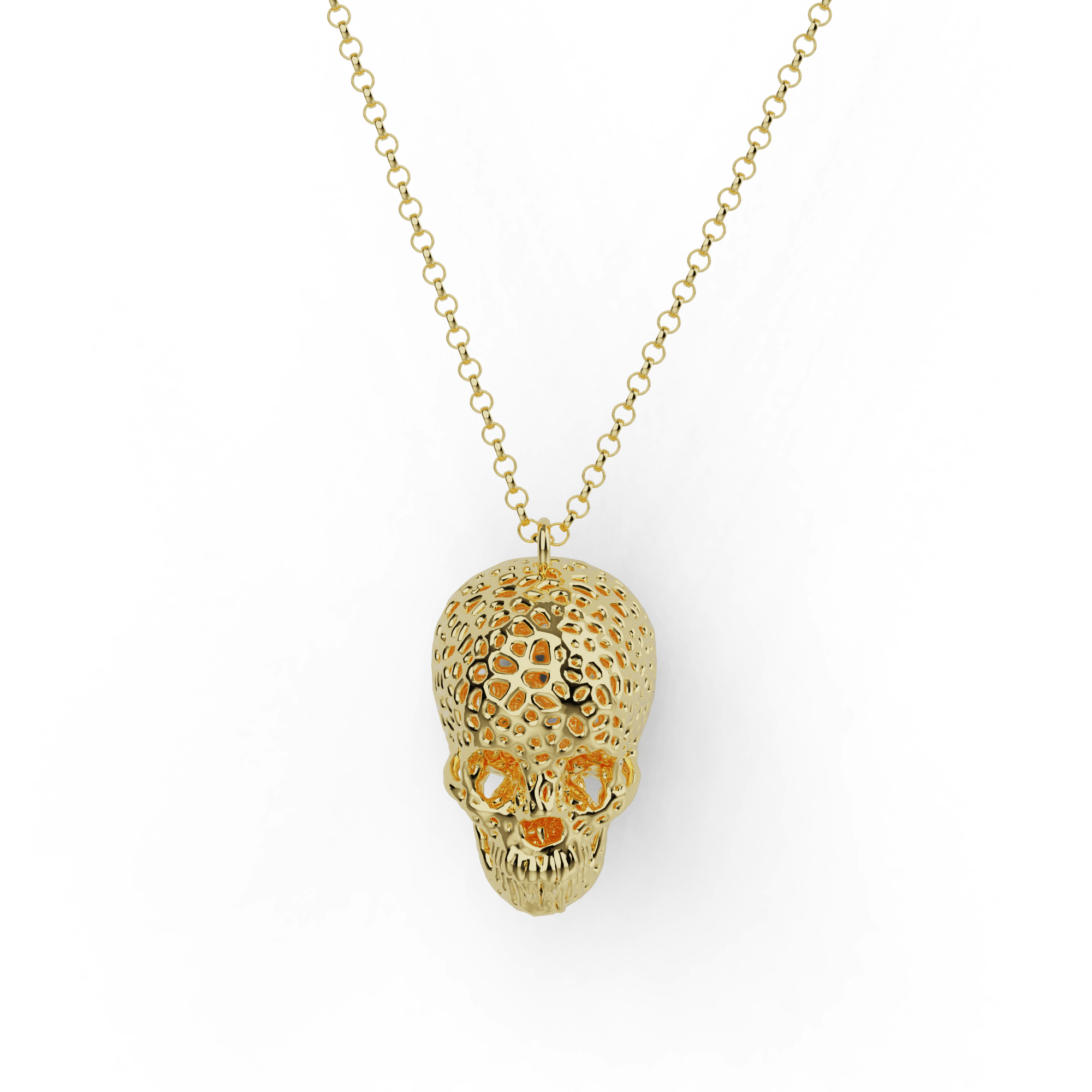 Gold vermeil Voronoi skull necklace – an intricate, science-inspired jewelry piece with mathematical beauty.